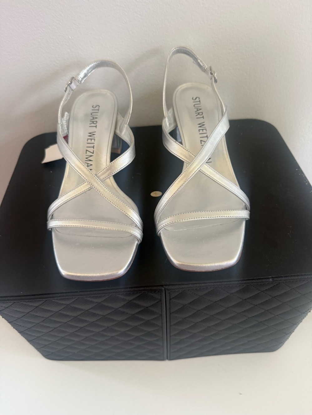 Stuart Weitzman Metallic Silver Crisscross Slingback Heels